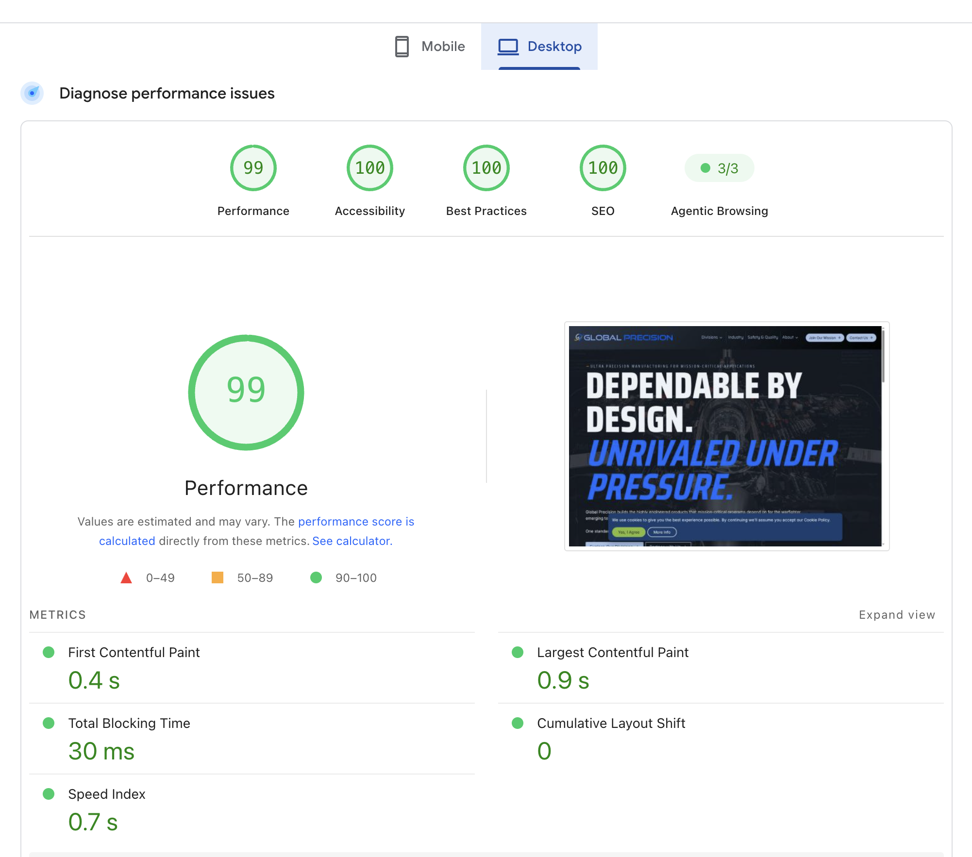 PageSpeed Insights desktop report: Performance 99, Accessibility 100, Best Practices 100, SEO 100, Agentic Browsing 3/3