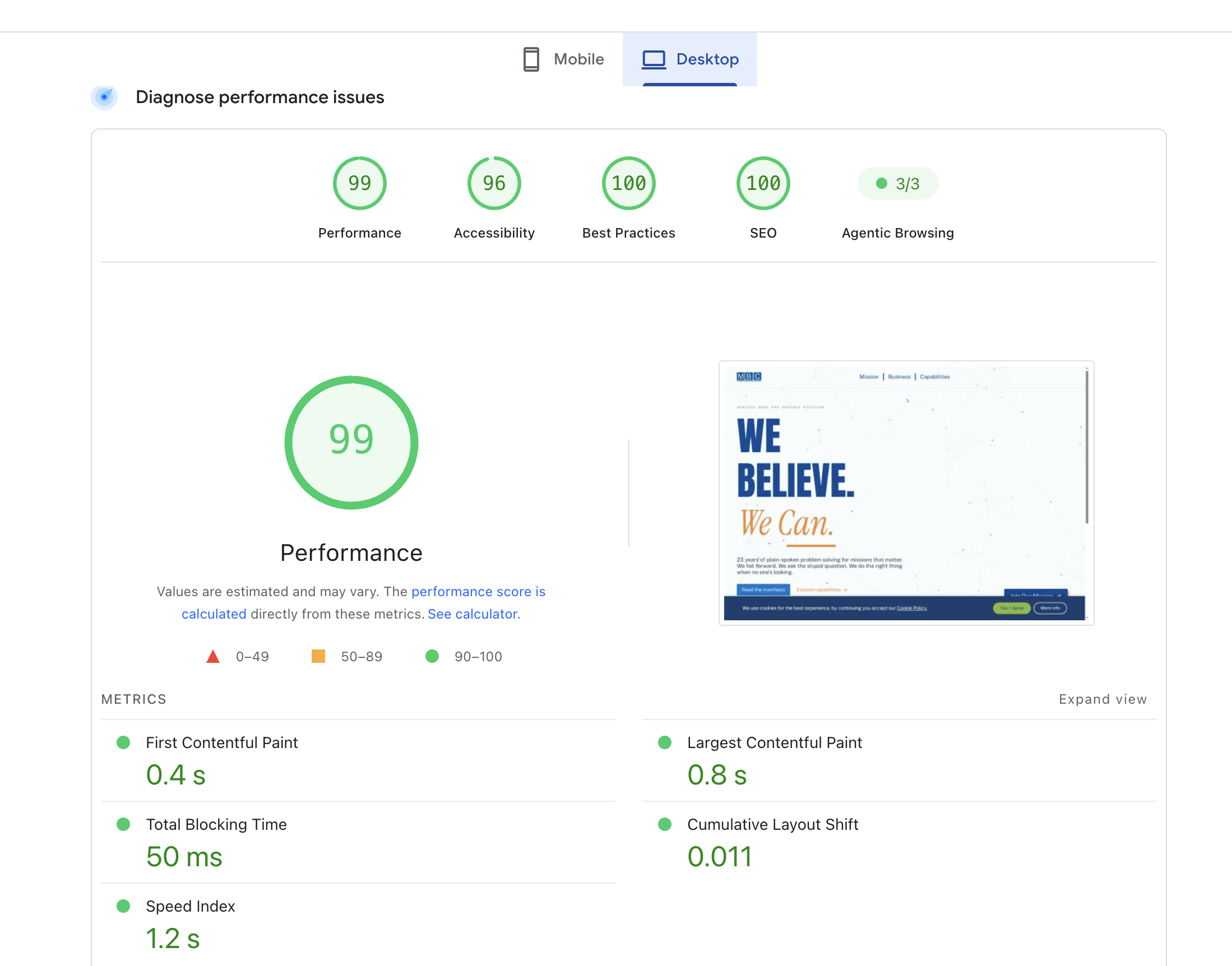 PageSpeed Insights desktop report: Performance 99, Accessibility 100, Best Practices 100, SEO 100, Agentic Browsing 3/3